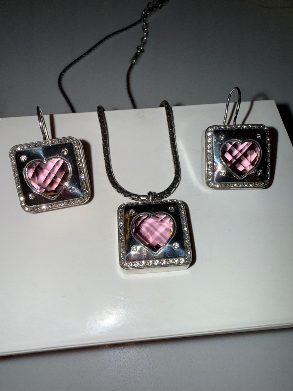 Brighton Pink Faceted Open Heart Square Cube Necklace and Matching Earrings